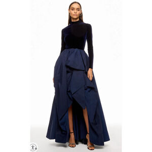 Marchesa Notte Blue Velvet High Neckline Gown